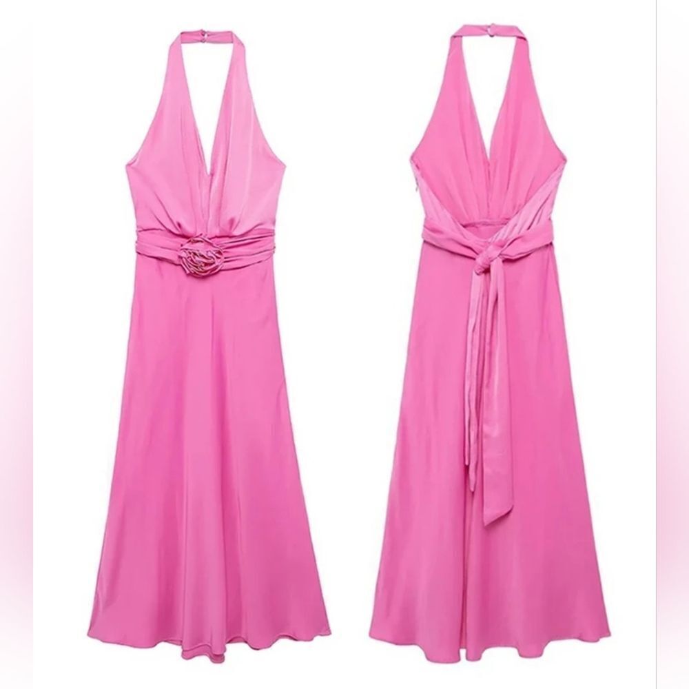 NWT ZARA FLORAL SATIN EFFECT MIDI DRESS pink - Picture 11 of 17